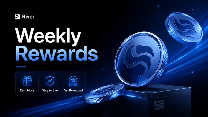A promotional graphic for 'River' Weekly Rewards featuring blue cryptocurrency coins with the River logo, along with icons for 'Earn More', 'Stay Active', and 'Get Rewarded'.