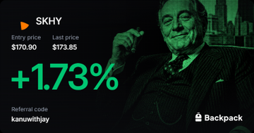 A promotional graphic for the $SKHY ticker on Backpack exchange shows an entry price of $170.90, last price of $173.85, and a gain of +1.73%, alongside a retro illustration of a suited gentleman, matching the post's pitch about tokenized Wall Street stocks like SK Hynix trading 24/7 on Solana via Backpack.