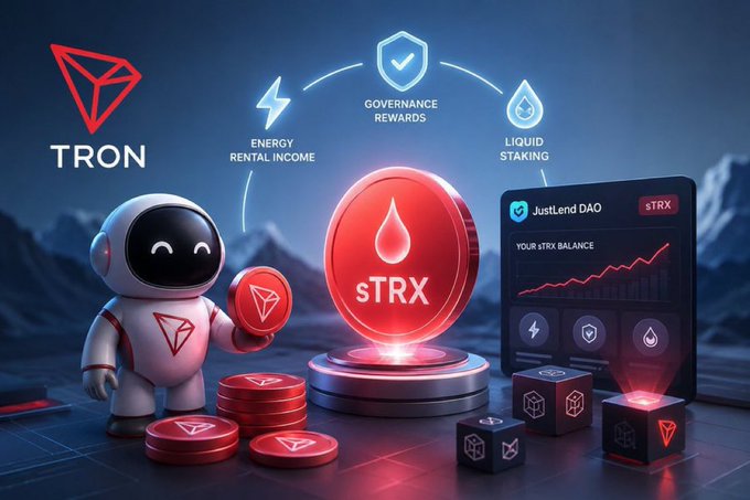 Promotional graphic for TRON cryptocurrency featuring a cartoon astronaut robot holding coins, with text including 'TRON', 'sTRX', 'GOVERNANCE REWARDS', 'ENERGY RENTAL INCOME', and 'LIQUID STAKING', alongside a 'JustLend DAO' dashboard.