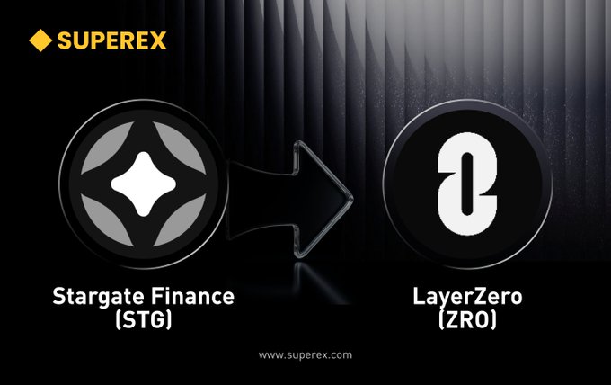 The image displays a Superex announcement graphic showing the Stargate Finance (STG) token logo with an arrow pointing to the LayerZero (ZRO) token logo against a dark background, visually representing the merger between the two projects. The Superex branding appears in the top-left corner, and the website "www.superex.com" is shown at the bottom.
