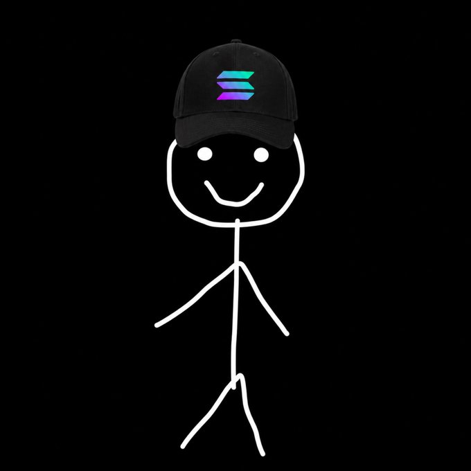 A simple white stick figure with a smiling face wears a black Solana-branded cap against a black background, personifying the "Ben" character described in the post as a devoted Solana enthusiast who trades memecoins, collects NFTs, and holds real-world assets.
