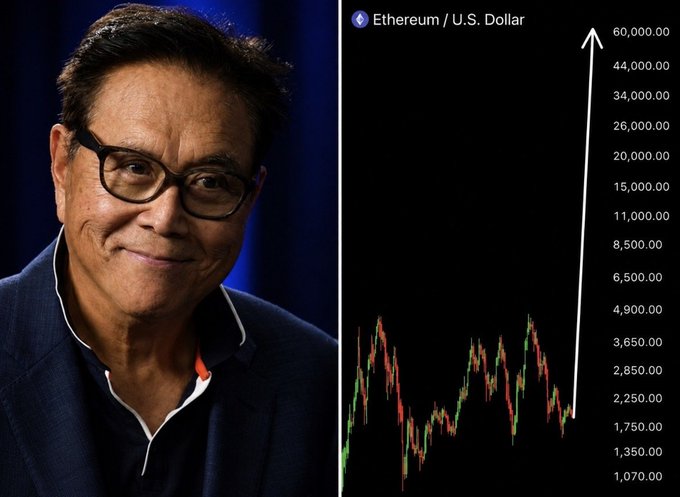 A split image showing actor Robert Downey Jr. on the left and an Ethereum/U.S. Dollar price chart on the right featuring a white arrow pointing upward toward $60,000.