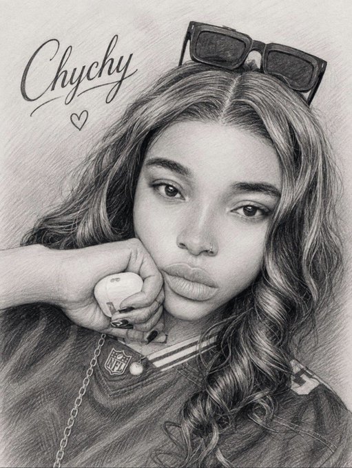 A detailed pencil sketch of a young woman with wavy hair and sunglasses on her head, with the name 'Chychy' written in cursive with a heart in the top left corner.