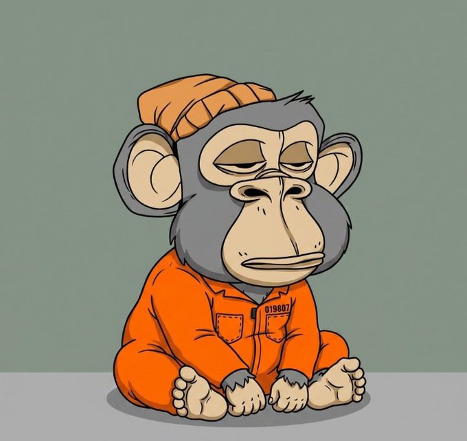 A cartoon illustration depicts a gray monkey wearing an orange beanie and an orange jumpsuit with the number '019807' on the chest, sitting with a tired expression against a green background.
