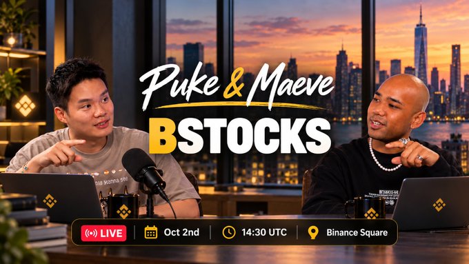 Two hosts, @pukerainbrow and @maeveknows, sit at a podcast desk with Binance branding during a live stream titled "Puke & Maeve BSTOCKS" scheduled for Oct 2nd at 14:30 UTC on Binance Square, set against a backdrop of a New York City skyline at sunset. The broadcast banner promotes their upcoming discussion covering Binance Alpha tickers, an honest review, and which bStocks they plan to hold for a year.