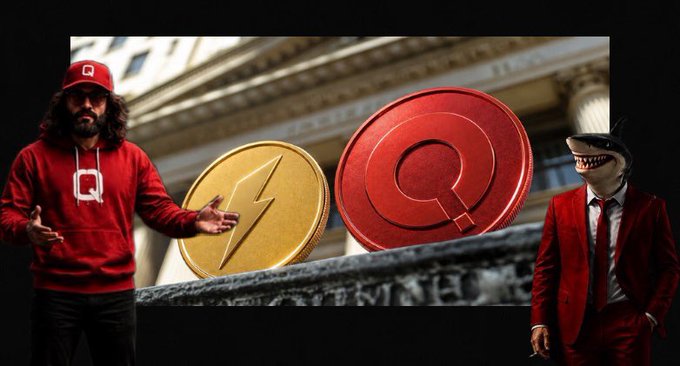 A bearded man in a red "Q" hoodie gestures toward gold and red "Q" tokens against a U.S. Capitol-like backdrop, with a shark in a red suit standing nearby—imagery reinforcing Quai Network's involvement in today's CLARITY Act AMA discussion.