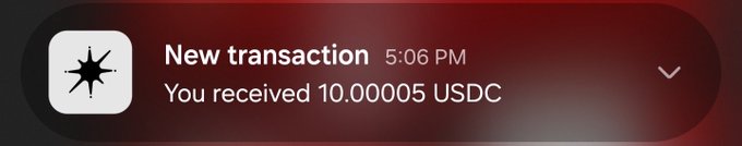 A smartphone notification on a dark red background reading 'New transaction 5:06 PM You received 10.00005 USDC' with a star icon.
