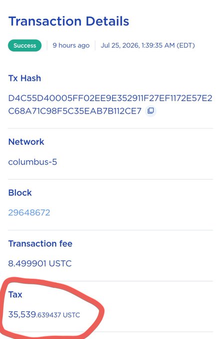 The image displays transaction details featuring a circled tax fee of 35,539.639437 USTC, representing one of the transactions that contributed to the 71,078 USTC total burned mentioned in the text.