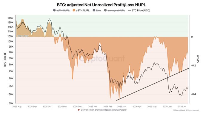 The image is a chart titled "BTC: adjusted Net Unrealized Profit/Loss NUPL" showing Bitcoin's price (in USD) overlaid with NUPL metrics from August 2025 through July 2026, illustrating how BTC trades around the 0 line (profit/threshold) with a recent trend toward -0.4 NUPL, visually supporting the post's thesis about holders realizing losses as Bitcoin builds a durable bottom through redistribution to stronger hands.