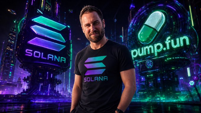 A man wearing a Solana logo t-shirt standing in front of a cyberpunk cityscape featuring illuminated 'SOLANA' and 'pump.fun' logos.