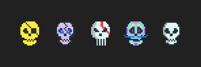 Five pixel-art skull icons representing the CryptoSkulls NFT collection are displayed against a black background, each featuring distinct color variations (yellow, lavender, gray with red scar, multicolored with tongue, and gray with teal accents). The image visually reinforces the post's message about CryptoSkulls being an established, recognizable collection on Ethereum since 2019, showcasing the iconic skulls that have endured beyond NFT market hype cycles.
