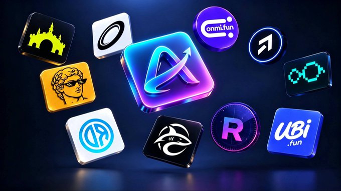 A cluster of 7 meme token icons surrounds a large central 3D "A" ARK logo, with visible tickers including "omni.fun," "UBi.fun," and "R," visually positioning ARK as the dominant AI-powered platform poised to outshine competing meme projects.