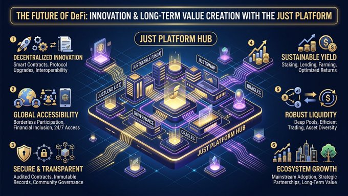 A futuristic infographic titled "THE FUTURE OF DeFi: INNOVATION & LONG-TERM VALUE CREATION WITH THE JUST PLATFORM" illustrates a glowing "JUST PLATFORM HUB" featuring components like JUSTSTABLE (USD), JUSTLEND (USD), JUSTSWAP, and JUST GOVERNANCE, surrounded by six labeled pillars: Decentralized Innovation, Global Accessibility, Secure & Transparent, Sustainable Yield, Robust Liquidity, and Ecosystem Growth. The visual reinforces the post's optimistic outlook by showcasing how JUST's integrated DeFi ecosystem is designed for sustainable utility, financial inclusion, and long-term value—aligning with the author's confidence in the platform's real-world financial services.