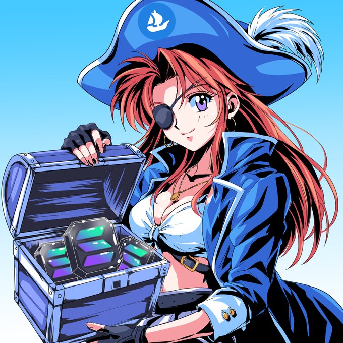 An anime-style illustration of a red-haired woman wearing a blue pirate hat and coat, holding open a chest containing glowing technological cubes.