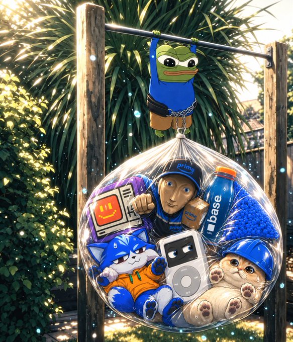 A surreal AI-generated illustration shows a frog in a blue shirt hanging from a bar above a large clear bag filled with various characters, an iPod hardstick, and Prime-branded items suspended by a chain.