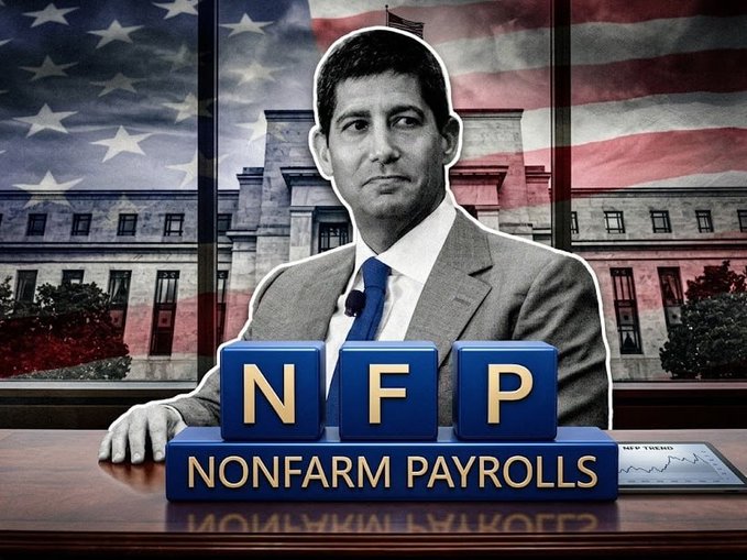 The image features Paul Ryan seated at a desk with "NFP NONFARM PAYROLLS" letter blocks in front of him, set against an American flag backdrop. This relates to the post discussing the latest Nonfarm Payrolls report, which triggered notable market reactions including the DXY breaking below 100, gold recovering toward 4400, and US stocks hitting new highs.