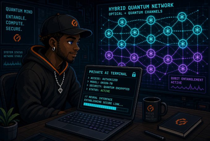 A digital illustration showing a person at a 'PRIVATE AI TERMINAL' connected to a 'HYBRID QUANTUM NETWORK' with text including 'QUANTUM MIND ENTANGLE. COMPUTE. SECURE.' and 'FOCUS BUILD PROTECT'.