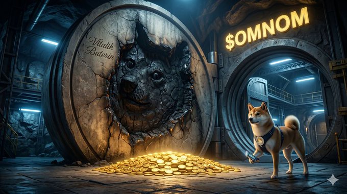 In this digital illustration, there is a Shiba Inu dog standing next to an open vault filled with gold coins. The caption for the image reads "The SHIB killer is on Dogechain. Not Solana. Not Ethereum. Dogechain. $OMNOM launched in 2022 as the first meme token on 
Dogechain'S L2. 71% of supply is permanently burned to Vitalik Buterin's address on Dogechain. The remaining 29% sits in liquidity on OmnomSwap." The dog appears to be guarding the golden coins within the vault, adding a sense of mystery and intrigue to this image.