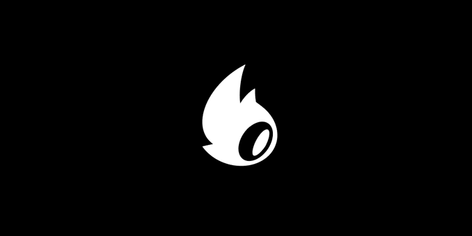 A simple white flame/eye logo displayed on a black background.