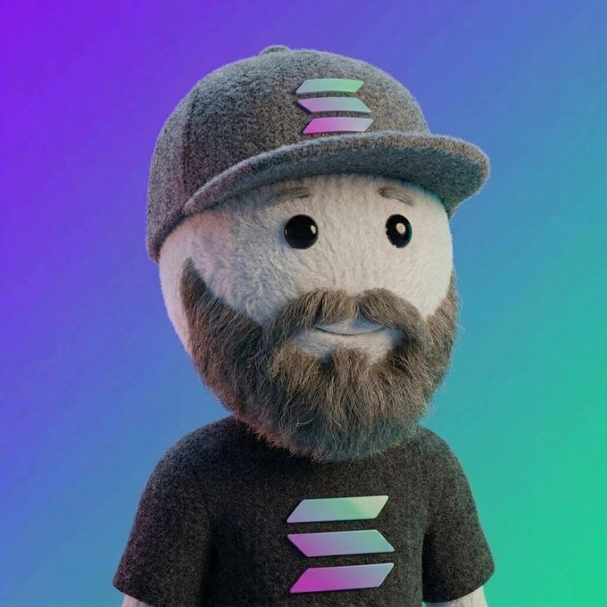 3D rendered character mascot with a beard wearing a baseball cap and black t-shirt, both featuring the Solana (SOL) logo against a purple-to-teal gradient background.