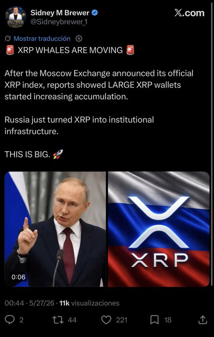 The image features a Twitter account with a post about Russia turning XRP into institutional infrastructure. The post includes a photo of a man giving a speech at a podium, as well as an image of the Russian flag. The post also contains text discussing the impact of Russia's decision on the cryptocurrency market and the potential consequences for Bitcoin users.