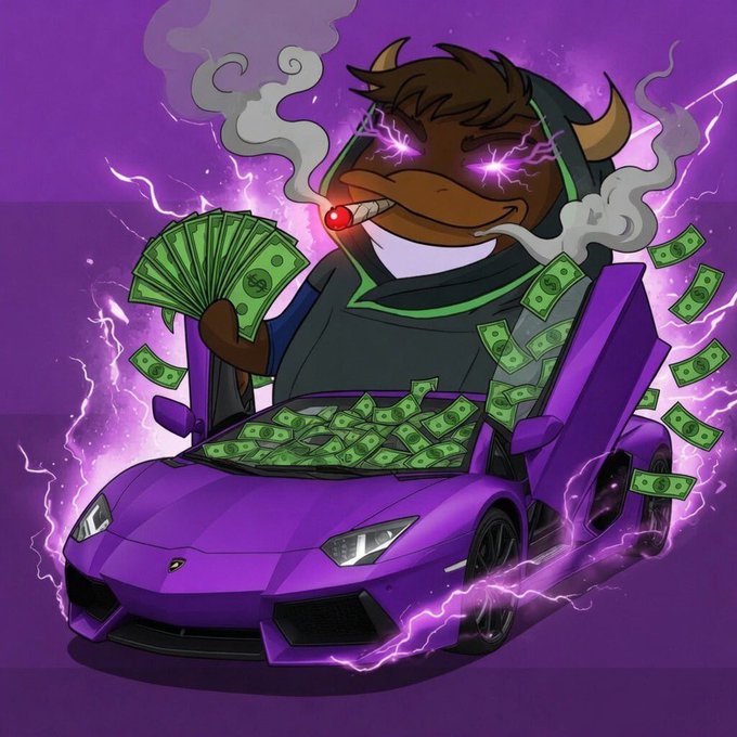 The image features a purple Lamborghini sports car with a bull mascot holding up money, surrounded by smoke and lightning bolts. The background of the image is purple, which complements the color of the car and adds to the overall visual effect. The caption provided in the image suggests that there might be an ongoing campaign related to Monad legends or NFTs (Non-Fungible Tokens) on social media platforms like Instagram, where users can participate by sharing their artwork or other content related to the Monad ecosystem.