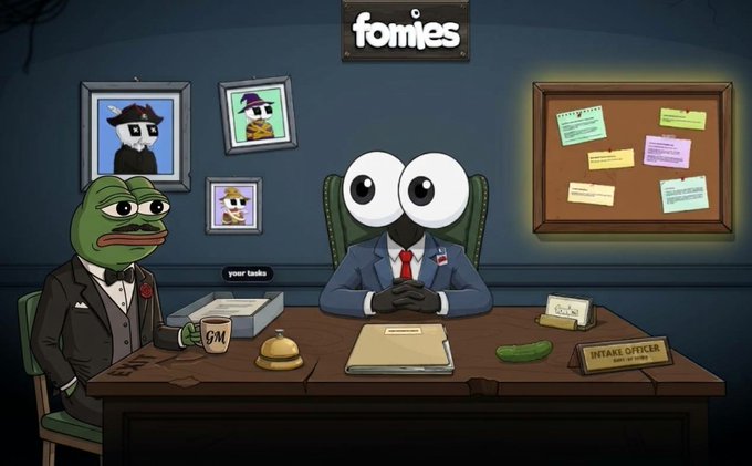 An illustration from the webcomic 'Fomies' showing the character 'your looks' as a suited creature with large eyes sitting across from a frog-like man in an intake office, with a 'fomies' sign above.