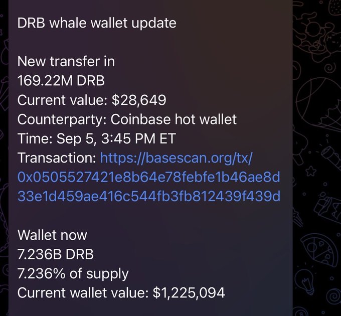 A text-based update about a DRB whale wallet transaction, noting a new transfer of 169.22M DRB ($28,649) from Coinbase hot wallet and a current wallet value of $1,225,094.
