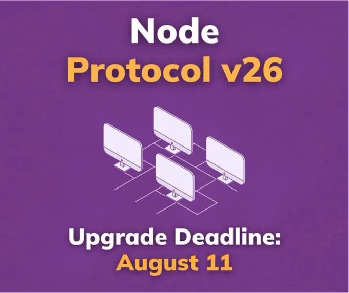 The image is a purple promotional graphic announcing the "Node Protocol v26" upgrade with a deadline of "August 11," featuring an illustration of four interconnected computer monitors representing network nodes. It serves as a visual reminder for Pi Network node operators to upgrade before the deadline, aligning with the post's announcement of the V26 protocol release.