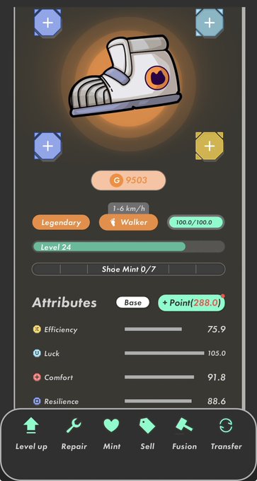 A screenshot of the STEPN app showing a Legendary "Walker" shoe at Level 24 with 288.0 points, Efficiency 75.9, Luck 105.0, Comfort 91.8, and Resilience 88.6, accompanied by a 1-6 km/h speed indicator and 9,503 GST balance. The image illustrates the user's complaint about the Walker shoe being too energy-intensive, which is why they want to switch to a Runner shoe.