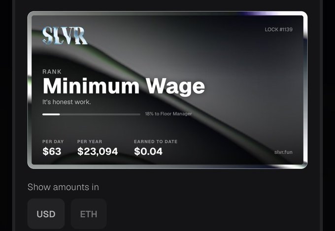 A digital card from slvr.fun labeled 'LOCK #1139' showing the rank 'Minimum Wage' with earnings of $63/day, $23,094/year, and $0.04 earned to date, with a toggle between USD and ETH.
