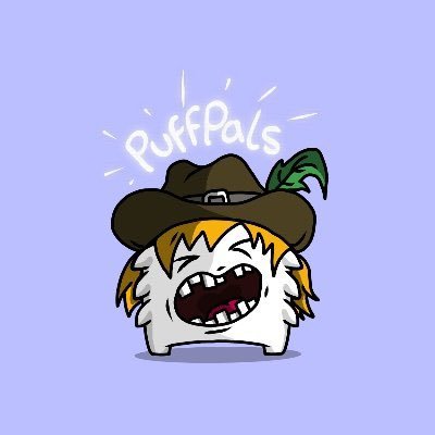 The image features a cute, fluffy white creature mascot wearing a brown cowboy hat with a green feather, displayed beneath the stylized "PuffPals" logo against a light purple background. This serves as the official branding artwork for the @Puffpals_NFT project being promoted in the giveaway post.