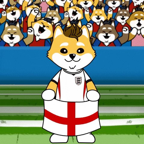urnation of a cartoon dog, dressed as a soccer player, waves with arms raised and tail wagging on a green field.