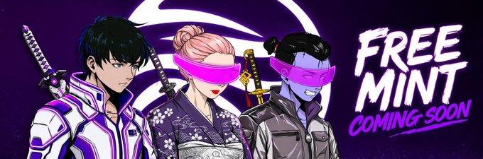 Promotional artwork for 'FREE MINT COMING SOON' featuring three anime-style characters with swords and pink blindfolds.