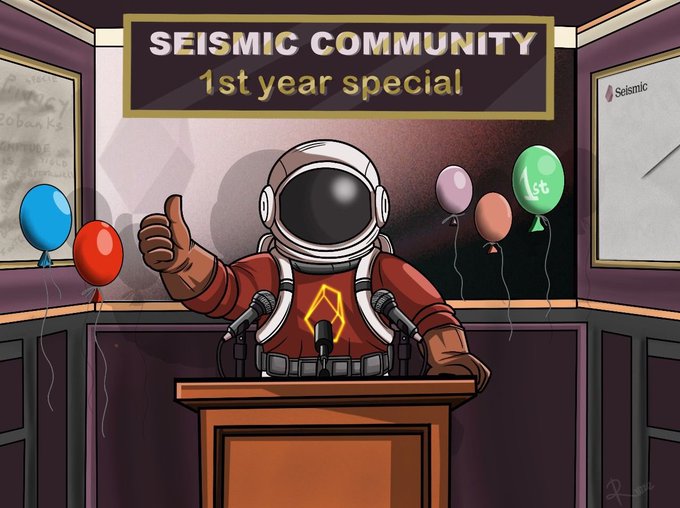 An illustration celebrating 'SEISMIC COMMUNITY 1st year special' with an astronaut character giving a thumbs up at a podium.