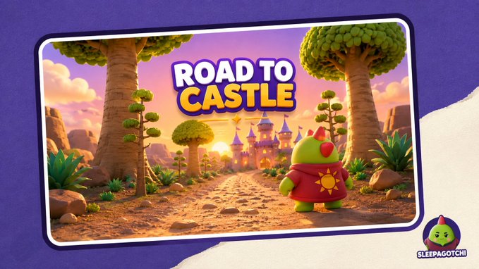 A green Sleepagotchi character wearing a red sun-patterned cloak stands on a dirt path leading toward a distant castle, with "ROAD TO CASTLE" displayed prominently in bold purple and yellow text against a sunset sky.

The image directly illustrates the post's announcement of Sleepagotchi's new "Road to Castle" chapter, visually depicting the dino character's journey toward the ancient castle mentioned in the caption.