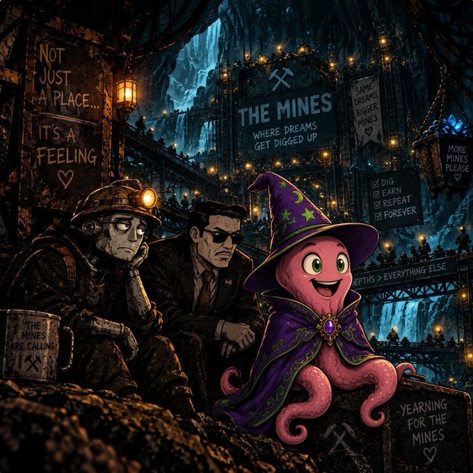 A dark, stylized digital illustration depicts a massive underground mining operation with signs reading 'THE MINES WHERE DREAMS GET DUG UP', 'NOT JUST A PLACE... IT'S A FEELING', and 'MORE MINES PLEASE'. In the foreground, a depressed-looking miner and a serious man in a suit sit next to a cheerful pink octopus wearing a purple wizard hat and cape.