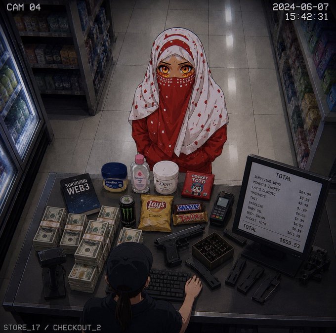 This surveillance footage from CAM 04 on 2024-06-07 at 15:42:31 captures a checkout scene with a person in a red hijab and an anime-style face, alongside a total of $869.53, including items like "Surviving Web3" and "Monster Energy." The post's greeting of "Good day, friends." contrasts with the potentially unsettling and unusual items and total in the image, creating a thought-provoking juxtaposition.