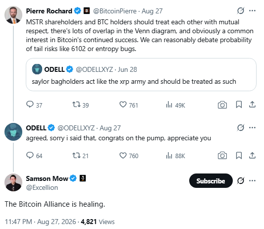 A screenshot of X (Twitter) posts showing a Twitter exchange between Pierre Rochard and ODELL discussing MSTR shareholders and BTC holders, with Samson Mow commenting 'The Bitcoin Alliance is healing.'