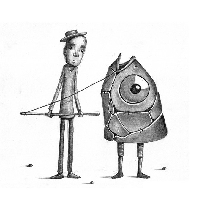 A black and white pencil illustration depicts a thin man in a hat holding strings attached to a cyclops-like, robotic figure with a large eye.