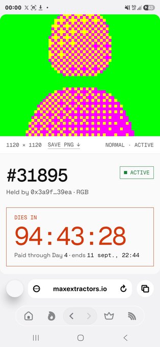 A mobile screenshot showing a pixelated avatar on a green background with the text '#31895', a countdown timer 'DIES IN 94:43:28', and the URL 'maxextractors.io'.