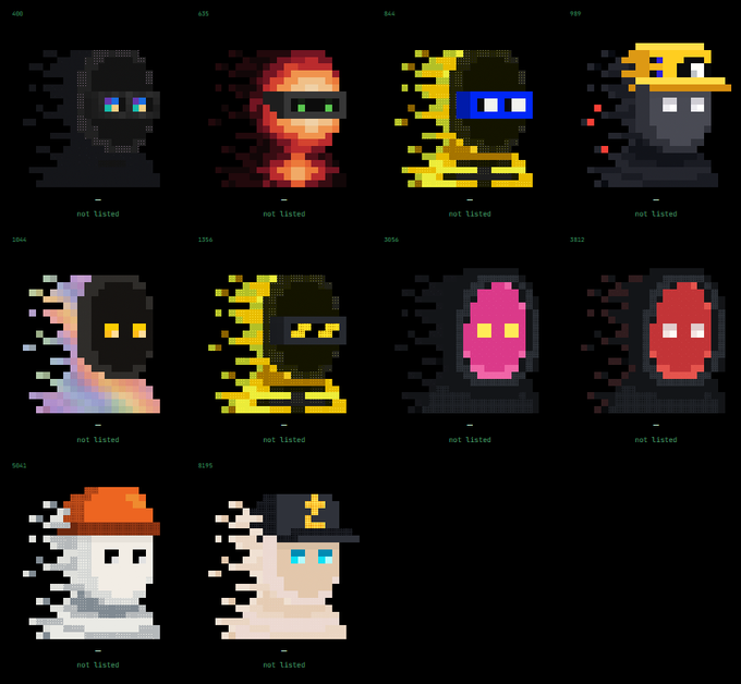 A grid of pixel art NFT-style characters with glitch effects, numbered IDs, and 'not listed' status beneath each one.