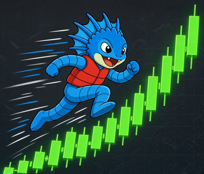 A cartoon blue dragon-like creature wearing a red vest runs energetically alongside an ascending green candlestick chart, symbolizing a bullish market trend.