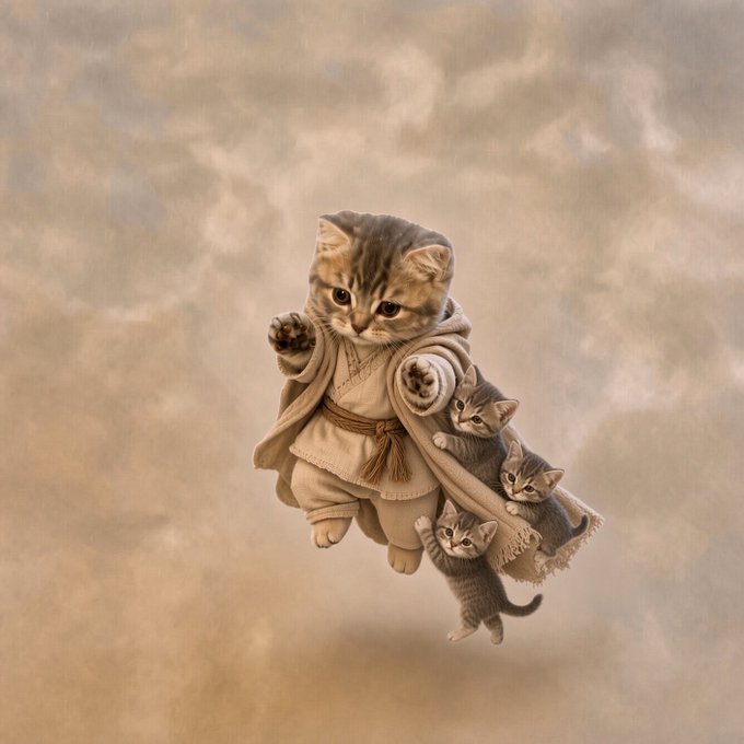 A whimsical AI-generated image of a tabby kitten dressed in beige robes flying through a cloudy sky, carrying three smaller kittens in a pouch on its side.