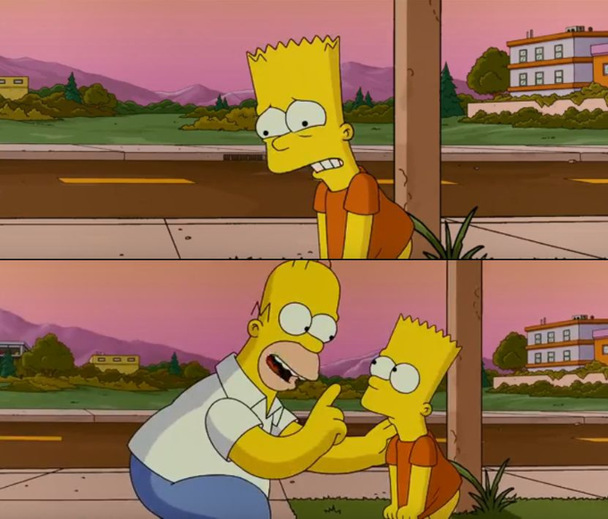 Two-panel screenshot from The Simpsons showing Bart Simpson looking nervous as Homer grabs him by the shoulders and points a finger at his face during what appears to be a scolding.