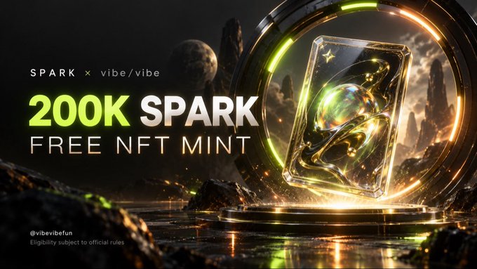 A promotional graphic for SPARK x vibe/vibe announcing a free NFT mint of 200,000 SPARK tokens, featuring a glowing golden holographic card against a dark cosmic background with planets. The text "@vibevibefun" and "Eligibility subject to official rules" appear at the bottom, visually emphasizing the real utility of holding SPARK tokens beyond speculative value.