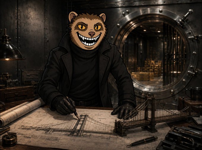 An illustration of an anthropomorphic grinning cat in a black coat and turtleneck sitting at a desk drawing architectural plans, with a vault containing gold bars and the phrase 'The quiet plan shifts the world.' in the background.