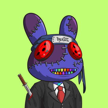 A digital illustration of a purple stitched rabbit character wearing red eyes, a samurai headband, and a black suit with a red tie, holding a katana against a green background.