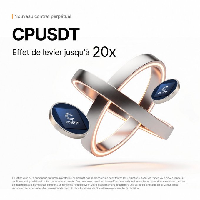 A promotional graphic for 'CPUSDT' on the Cluster platform advertising a new perpetual contract with up to '20x' leverage effect, featuring a 3D rendered interlocking ring design and French disclaimer text at the bottom.