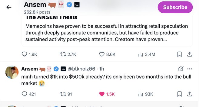 A social media profile for 'Ansem' discussing memecoins and retail speculation, featuring a post where he claims 'minh turned $1k into $500k already' in a bull market.